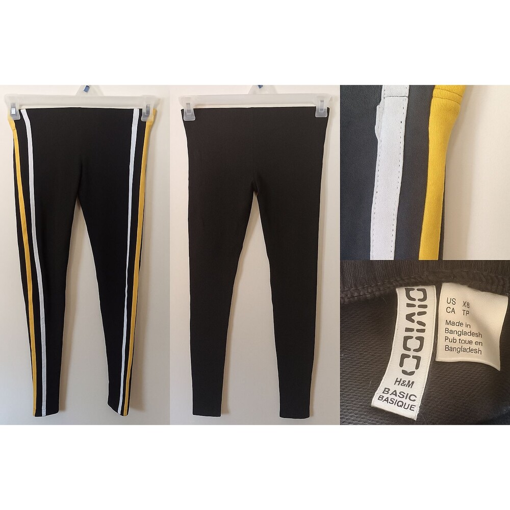 H&M Divided Basic Leggings Sz XS Black W/Yellow & White‎ Side Stripe Urban Cool